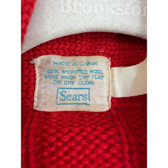 Vintage Sears Womens Cardigan Sweater Red Worsted Wool Cable Knit Fisherman - Picture 3 of 10